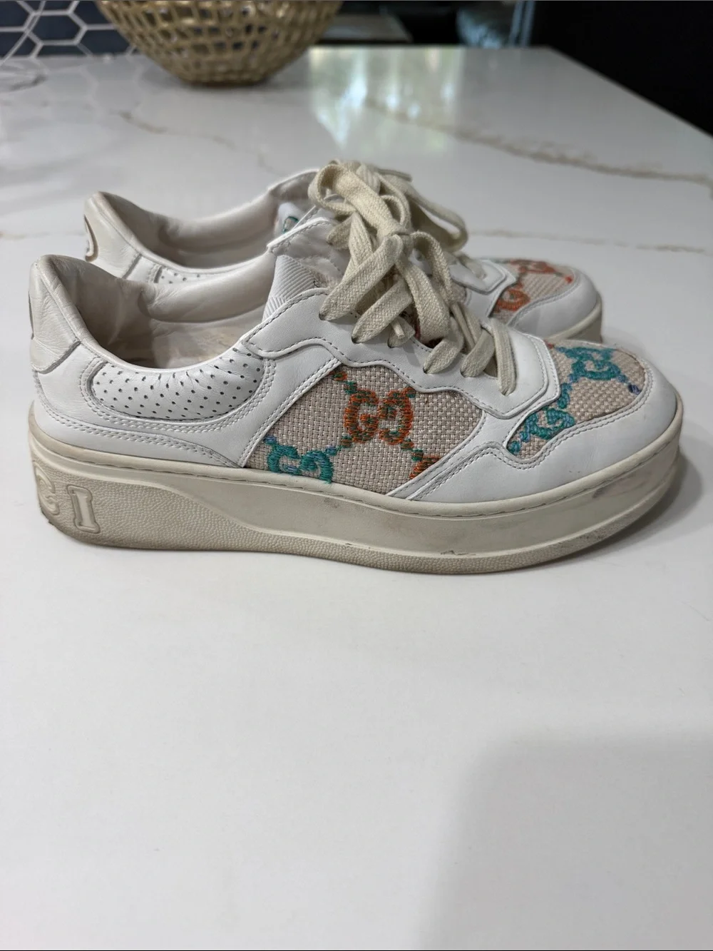 Gucci GG Logo-Detailed Leather and Multi Colored Embroidered Canvas Sneakers 39